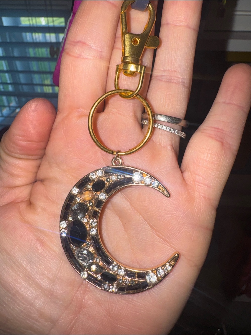 Crescent Moon Crystal Keychain - Gold and Black